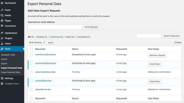 wordpress-4.9.6-privacy-settings-page-export-personal-data-page